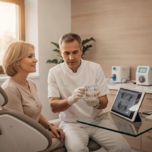 Patient consultation in a modern dental office discussing dental implants